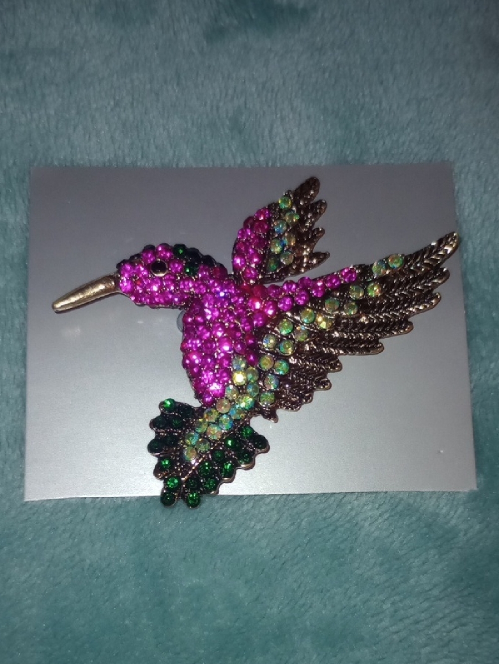Vibrant Hummingbird Rhinestone Brooch in Pink and Green